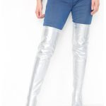 Womens Thigh High Kinky Over The Knee Stiletto Boots Silver Patent