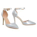 Womens Unisex Buckle Ankle Strap Stiletto Heel Shoes Silver Patent