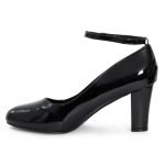 Womens Ankle Strap Mid Block Heel Black Patent