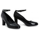Womens Ankle Strap Mid Block Heel Black Patent