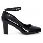 Womens Ankle Strap Mid Block Heel Black Patent