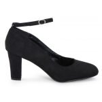 Womens Ankle Strap Mid Block Heel Black Suede