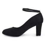 Womens Ankle Strap Mid Block Heel Black Suede