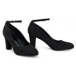 Womens Ankle Strap Mid Block Heel Black Suede