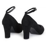 Womens Ankle Strap Mid Block Heel Black Suede