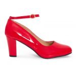 Womens Ankle Strap Mid Block Heel Red Patent