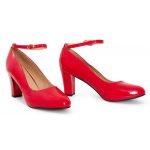 Womens Ankle Strap Mid Block Heel Red Patent
