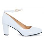 Womens Ankle Strap Mid Block Heel White Patent