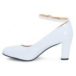 Womens Ankle Strap Mid Block Heel White Patent
