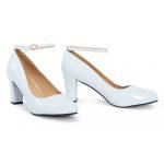 Womens Ankle Strap Mid Block Heel White Patent
