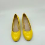 Women Round Toe Kitten Heel Shoes Yellow Patent