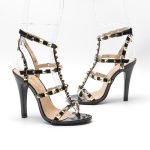 Womens Studded Rivet Ankle Strappy Stiletto Shoes- Black Patent