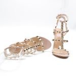 Womens Studded Rivet Ankle Strappy Stiletto Shoes- Nude Patent