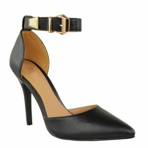Women Pointy Toe Stiletto ankle strape court shoes Black Matte