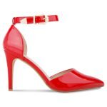 Women Pointy Toe Stiletto ankle strape court shoes Red Patent