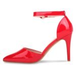 Women Pointy Toe Stiletto ankle strape court shoes Red Patent