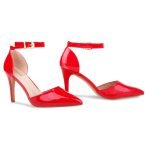 Women Pointy Toe Stiletto ankle strape court shoes Red Patent