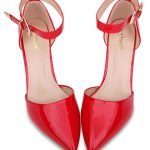 Women Pointy Toe Stiletto ankle strape court shoes Red Patent