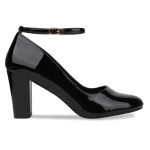 Women Ankle Strap Mid Block Heel Black Patent