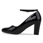 Women Ankle Strap Mid Block Heel Black Patent