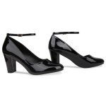 Women Ankle Strap Mid Block Heel Black Patent