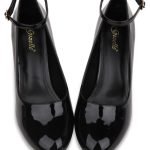Women Ankle Strap Mid Block Heel Black Patent