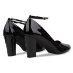 Women Ankle Strap Mid Block Heel Black Patent