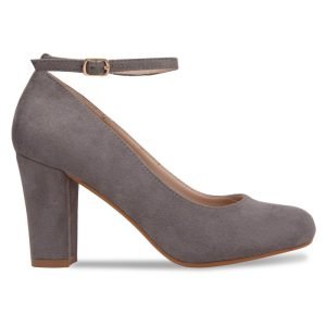 Women Ankle Strap Mid Block Heel Court Shoes - Grey Suede
