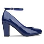 Women Ankle Strap Mid Block Heel Court Shoes- Navy Patent