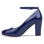 Women Ankle Strap Mid Block Heel Court Shoes- Navy Patent