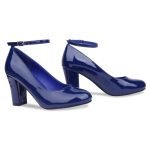 Women Ankle Strap Mid Block Heel Court Shoes- Navy Patent