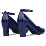 Women Ankle Strap Mid Block Heel Court Shoes- Navy Patent