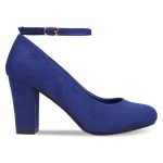Women Ankle Strap Mid Block Heel Court Shoes- Navy Suede