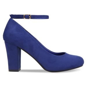 Women Ankle Strap Mid Block Heel Court Shoes- Navy Suede
