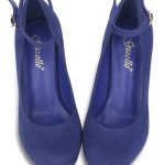 Women Ankle Strap Mid Block Heel Court Shoes- Navy Suede