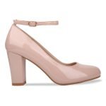 Women Ankle Strap Mid Block Heel Court Shoes- Nude Patent