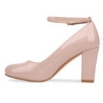 Women Ankle Strap Mid Block Heel Court Shoes- Nude Patent