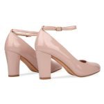Women Ankle Strap Mid Block Heel Court Shoes- Nude Patent