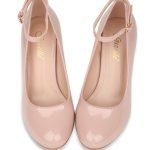 Women Ankle Strap Mid Block Heel Court Shoes- Nude Patent