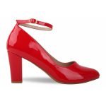 Women Ankle Strap Mid Block Heel Court Shoes- Red Patent