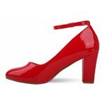 Women Ankle Strap Mid Block Heel Court Shoes- Red Patent