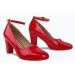Women Ankle Strap Mid Block Heel Court Shoes- Red Patent