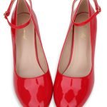 Women Ankle Strap Mid Block Heel Court Shoes- Red Patent