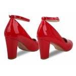 Women Ankle Strap Mid Block Heel Court Shoes- Red Patent