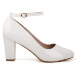 Women Ankle Strap Mid Block Heel Court Shoes- White Patent