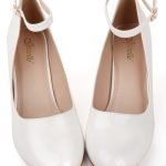 Women Ankle Strap Mid Block Heel Court Shoes- White Patent