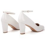Women Ankle Strap Mid Block Heel Court Shoes- White Patent
