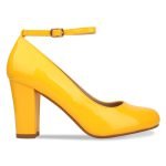 Women Ankle Strap Mid Block Heel Court Shoes- Yellow Patent