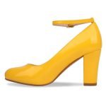 Women Ankle Strap Mid Block Heel Court Shoes- Yellow Patent