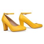 Women Ankle Strap Mid Block Heel Court Shoes- Yellow Patent